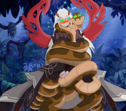 bestiality blush breasts coils complex_background crossover disney genshin_impact heterosexual hypnotic_eyes jungle kaa kaa_eyes kaacommissionss large_breasts night outdoors penis restrained ronova_(genshin_impact) sex simulated_paizuri smile sparkle the_jungle_book vaginal very_long_hair white_hair 