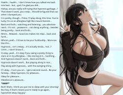  after_sex arched_back bed black_hair blue_eyes breasts caption caption_only cleavage denial femsub happy_trance looking_at_viewer male_pov manip monsieurchuchote_(writer) myabit pov pov_dom text unaware 