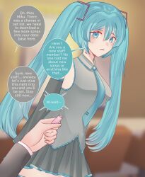  bare_shoulders blue_eyes breasts clothed cyan_hair femsub miku_hatsune missmilkou open_mouth scared sequence sweat text twintails vocaloid 