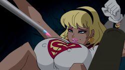  blonde_hair blue_eyes breast_expansion breasts dc_comics earrings erect_nipples_under_clothes eyelashes eyeshadow female_only femsub gloves happy_trance huge_breasts jewelry large_breasts makeup nose_ring piercing short_hair solo supergirl w-oo-t 