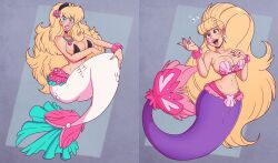 barbie_(series) bimbofication blonde_hair cassandra_lang cleavage femsub gwen_stacy happy_trance holding_breasts large_breasts long_hair marvel_comics mermaid multiple_girls wrenzephyr2