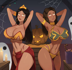  armpits arms_above_head barleyshake black_hair breasts brown_hair chains cleavage collar cosplay crown curly_hair dark_skin empty_eyes expressionless female_only femsub halloween harem_outfit huge_breasts jade_(msmith322) large_hips long_hair mikiyah_(msmith322) multiple_subs navel navel_piercing original piercing slave_bikini star_wars thick_thighs thighs yellow_eyes 