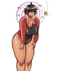  ahoge anonymous_artist black_hair cleavage dark_skin female_only femsub milf naoki_hanna original pendulum short_hair slouching solo spiral spiral_eyes swimsuit symbol_in_eyes text thick_thighs white_background 
