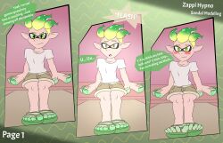  before_and_after blush comic dazed dialogue domedvortex feet femboy happy_trance hypnotic_light inkling male_only malesub nintendo open_mouth original sandals sitting smile speech_bubble splatoon text zappi_(domedvortex) 