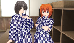 3d 3d_custom_girl brown_hair kimono multiple_girls orange_hair original