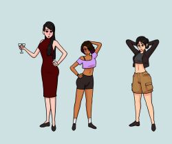  before_and_after black_hair breasts clothed crop_top dark_skin dress female_only hand_on_hip midriff mother_and_daughter original smile smirk unlikely 