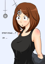  absurdres breasts brown_hair coin dazed dialogue drool empty_eyes english_text expressionless female_only femsub large_breasts my_hero_academia nexus_light ochaco_uraraka open_mouth pendulum short_hair solo text undressing 