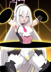  alice_(blue_archive) armpits blue_archive blush breasts corruption daikyo96 decagrammaton enemy_conversion femsub hairband long_hair open_mouth red_eyes restrained thighs tight_clothing transformation very_long_hair white_hair white_skin 