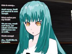 3d cyan_hair flamekin ghost_girl long_hair possession shirt text transgender unusual_pupils yellow_eyes