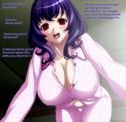 blush breasts cleavage collarbone dialogue empty_eyes female_only femsub hanging_breasts happy_trance huge_breasts hypnolordx_(manipper) long_hair looking_at_viewer male_pov maledom manip navel open_mouth pajamas pov pov_dom purple_hair red_eyes smile solo text the_qwaser_of_stigmata tomo_yamanobe wholesome 