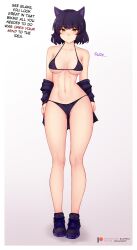 abs absurdres animal_ears bikini black_hair blake_belladonna bluefield blush breasts cat_ears cat_girl cleavage dialogue drool empty_eyes expressionless female_only femsub guilegaze_(manipper) large_breasts manip navel rwby see-through short_hair sneakers solo text yellow_eyes