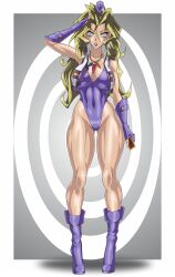 bare_legs bare_shoulders blonde_hair boots card expressionless fingerless_gloves hat jacket large_breasts leotard long_hair mai_valentine necklace purple_lipstick saluting sigfried028 spiral spiral_background spiral_eyes standing standing_at_attention thick_thighs yu-gi-oh!
