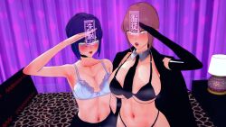  3d bangs bare_shoulders bed bedroom blush braid breasts breath chainsaw_man choker cleavage coat collarbone control_indicator drool empty_eyes eye_roll female_only femsub gloves green_eyes japanese_text koikatsu! large_breasts lingerie lipstick makima_(chainsaw_man) multiple_girls multiple_subs navel open_mouth opera_gloves pink_hair ponytail purple_hair reze_(chainsaw_man) saluting sanlilith standing standing_at_attention thong tie underwear yellow_eyes 