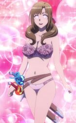 absurdres bra breasts brown_hair do_you_love_your_mom_and_her_two_hit_multitarget_attacks female_only femsub glowing glowing_eyes happy_trance heart heart_eyes icontrol_(manipper) large_breasts mamako_osuki manip milf navel screenshot solo standing sword symbol_in_eyes underwear weapon