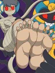 androgynous_dom barefoot black_eyes black_hair breasts carrying cofagrigus eye_color_change feet femsub foot_focus mummification nintendo phoebe_(pokemon) pokemon pokemon_(creature) pokemon_black_and_white pokemon_ruby_sapphire_and_emerald red_sclera short_hair smile story superslogger