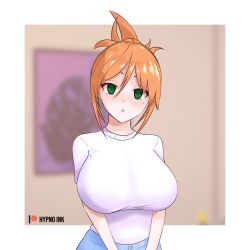  bangs blonde_hair blush border breasts clothed complex_background empty_eyes expressionless female_only femsub green_eyes huge_breasts hypnoink jeans looking_at_viewer mole open_mouth orange_hair pale_skin short_hair signature solo summer_mc tamako_(hypnoink) updo 