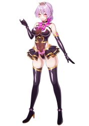 bangs bare_shoulders blush boots collar crotch_tattoo cuffs empty_eyes female_only femsub gloves hair_ornament high_heels jewelry leotard looking_at_viewer lukazyx miniskirt navel opera_gloves original pink_eyes pink_hair see-through simple_background skirt smile solo thigh_boots thighhighs tied_hair underwear white_background