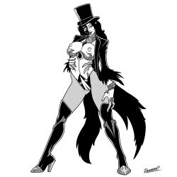 black_hair boots corruption dc_comics doomington eclipso evil_smile fishnets happy_trance hat high_heels long_hair magician open_clothes possession pussy sketch smile super_hero thighhighs zatanna_zatara