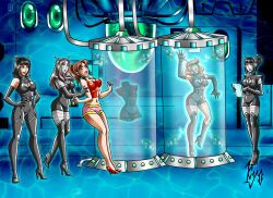 antenna beam belt black_hair blush bodysuit boots breasts brown_eyes cleavage cleavage_cutout corruption dress electricity expressionless female_only femdom femsub garter_straps gloves grey_skin hand_on_hip headphones high_heels hypnotized_assistant hypnotized_dom kyo-domesticfucker large_breasts lipstick long_hair midriff multiple_doms multiple_girls multiple_subs navel open_mouth opera_gloves orange_hair original ponytail red_lipstick robot_girl robotization shoes short_hair shorts signature standing stasis_tank straight-cut_bangs tank_top tech_control thigh_boots thighhighs tied_hair unhappy_trance