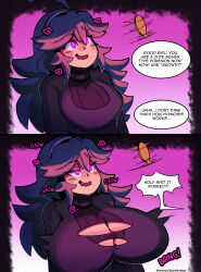  absurdres before_and_after breast_expansion breasts cleavage clothed dialogue eyebrows_visible_through_hair female_only femsub gradient_background happy_trance heavy_eyelids hex_maniac huge_breasts large_breasts lewdydoo long_hair nintendo open_mouth pendulum pokemon pokemon_x_and_y purple_eyes signature simple_background smile speech_bubble spiral spiral_eyes sweater symbol_in_eyes text thehornyzen torn_clothes 