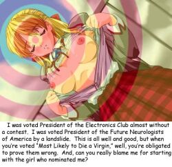blonde_hair breasts caption deathwish_(manipper) female_only femsub long_hair maledom manip open_clothes school_uniform solo text undressing