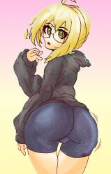  ahoge ass ass_focus blonde_hair character_request expressionless female_only femsub glasses hoodie large_ass looking_at_viewer looking_back open_mouth ring_eyes saiminchan shorts simple_background symbol_in_eyes yellow_eyes 