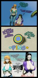  3d animated animated_eyes_only animated_gif beach black_hair kaa_eyes large_breasts long_hair nami_(one_piece) nico_robin one_piece orange_hair sunglasses swimsuit text 