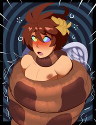  absurdres angel angel_boy asphyxiation blush brown_hair coils crossed_eyes dazed disney drool halo kaa kaa_eyes kid_icarus male_only maledom malesub nintendo nipples open_mouth pit short_hair smutstrut snake spiral_background the_jungle_book topless wings 