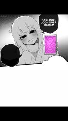 black_eyes blush cell_phone character_request closed_eyes clothed comic deadjosey_(voice) dialogue english_text environmental_text femdom happy_trance heart humor hypnotic_app looking_at_viewer monochrome original phone pov_sub smile sound speech_bubble straight-cut_bangs symbol text video voice_acted wholesome wifesaga