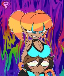  alternate_costume bare_shoulders blue_eyes brown_hair cat_girl choker cleavage expressionless eyebrows_visible_through_hair eyelashes facial_markings femdom freckles gloves head_in_breasts hypnoscream large_breasts malesub multicolored_eyes multicolored_hair neon_katt oscar_pine ring_eyes rwby shiny_hair simple_background smile straight-cut_bangs tail tan_skin tank_top twintails watermark 