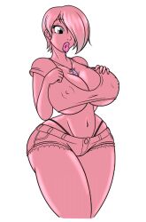  anonymous_artist bimbofication breast_expansion confused dahypnoman_(dahypnoman) grey_eyes hair_covering_one_eye necklace nipples original pink_hair pink_lipstick pink_skin short_shorts thighs thong 
