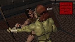 3d abs absurdres breasts brown_hair comic dreadlocks female_only green_skin large_breasts long_hair muscle_girl orc orc_girl red_hair text the_mad_prince