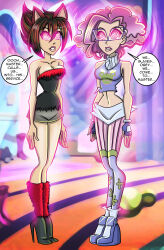 absurdres animal_ears breasts brown_hair character_request cleavage expressionless female_only femsub fingerless_gloves glasses gloves glowing glowing_eyes high_heels jenja_(kerberusz) large_breasts midriff multicolored_hair open_mouth original pink_hair short_hair spiral_eyes standing standing_at_attention symbol_in_eyes text winx_club zorro-zero