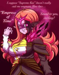  age_progression chronoa clothed corruption crystal dragon_ball dragon_ball_heroes dragon_ball_xenoverse_2 evil_smile female_only glowing glowing_eyes hypnotized_dom long_hair looking_at_viewer red_hair tagme text transformation 