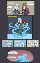 ahoge alternate_form alternate_hairstyle angry aqua_(konosuba) aware black_eyes blue_eyes blue_hair book brisksunrise brown_hair closed_eyes comic cosplay dialogue english_text femsub goddess hair_covering_one_eye kazuma_satou kono_subarashii_sekai_ni_shukufuku_wo! magic maledom personality_excretion possession slime speech_bubble tears text very_long_hair water wiz_(konosuba)