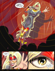 blonde_hair bodysuit boots breasts comic female_only femdom hypnotia hypnotic_eyes large_breasts long_hair looking_at_viewer marvel_comics mask microphone pov pov_sub shono stage_hypnosis super_hero text thigh_boots thighhighs traditional western