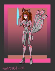  absurdres armor bodysuit breasts brown_hair collar drone dronification enemy_conversion expressionless female_only femsub fox_ears fox_tail graybot headphones high_heels hypnotic_accessory kadyn_(daehy) kitsune_girl mannybot-01 mask original robot robotization solo standing standing_at_attention tech_control weapon 