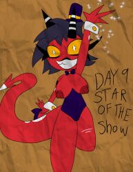 alternate_costume black_hair breasts demon demon_girl happy_trance helluva_boss hypnovember magician millie_(helluva_boss) red_skin tail tcross white_eyes
