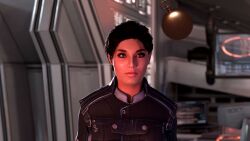  3d animated ashley_williams brown_eyes brown_hair clothed female_only femsub happy_trance heavy_eyelids long_hair mass_effect pendulum pocket_watch smile solo spiral_eyes spiralwash_eyes standing video vynil 