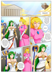 angry blonde_hair blue_eyes breasts choker comic earrings female_only goddess green_eyes green_hair jewelry kid_icarus long_hair nintendo oo_sebastian_oo palutena princess princess_peach super_mario_bros. text thighs