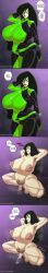    absurdres armpit_hair armpits arms_above_head black_hair breasts chaosmelon clothed dialogue english_text femsub green_eyes green_skin huge_breasts instant_loss kim_possible_(series) long_hair microchip nipples nude orgasm orgasm_command pubic_hair shego smile squatting text thick_thighs 