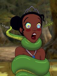  asphyxiation blush choking coils crown dark_skin disney femsub kaa_eyes necklace nude open_mouth snake the_princess_and_the_frog thescaletrain tiana topless 