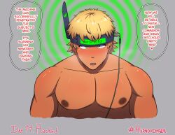  absurdres antenna blonde_hair blush crossed_eyes expressionless hypno_neet hypnovember male_only malesub open_mouth original ring_eyes short_hair sweat tech_control text topless wires 