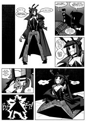 4five1 absurdres black_hair black_sclera bunnysuit coat comic electricity femsub monochrome original pants robot_girl symbol_in_eyes text twintails