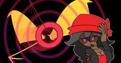  androgynous_dom aura beanie black_eyes black_hair breasts cleavage clothed coat crossover dark_skin drool friday_night_funkin' glowing hand_on_head hat hypno hypnoscream large_breasts lullaby_girlfriend nintendo open_mouth pendulum pokemon pokemon_(creature) ring_background ring_eyes story yellow_eyes 
