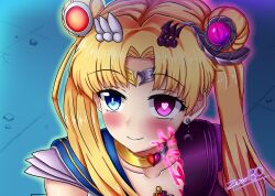 before_and_after blue_eyes blush body_markings clothed collar collarbone corruption earrings empty_eyes eyebrows_visible_through_hair female_only femsub glowing hair_buns hair_ornament happy_trance heart heart_eyes heterochromia jewelry long_hair meme purple_eyes sailor_moon sailor_moon_(series) signature smile solo symbol_in_eyes twintails uniform zero130