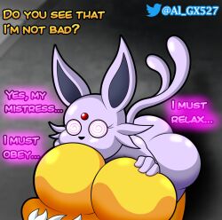  al_gx ass bottomless breast_grab breast_sucking breasts dialogue espeon female_only femdom femsub furry happy_trance hypno large_ass large_breasts nintendo nude pokemon pokemon_(creature) pokephilia spiral_eyes symbol_in_eyes text topless yuri 