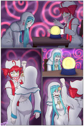  absurdres ahoge alternate_costume ass aura blue_hair border breasts chair clothed crystal_ball don't_believe_in_t_(vocaloid) female_only femdom femsub from_behind leaning_forward m00n_key miku_hatsune open_mouth pendulum red_hair signature sitting spiral spiral_eyes table teto_kasane tongue tongue_out utau veil vocaloid 