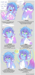  ahoge before_and_after blue_hair blue_skin cassthesquid comic dazed dialogue dog_boy drool furry hand_on_head happy_trance male_only malesub meme open_mouth original paws ping resisting ring_eyes short_hair simple_background smile speech_bubble spiral text topless 
