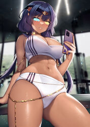  abs bangs bare_legs blue_eyes blue_hair blush breasts candace_(genshin_impact) cell_phone cleavage collar dark_skin expressionless female_only femsub genshin_impact glowing_eyes gym_uniform heterochromia huge_breasts jewelry large_hips manip misterman4_(manipper) navel panties phone purple_hair signature spiralwash_eyes sports_bra squchan standing tagme tech_control twintails very_long_hair yellow_eyes 